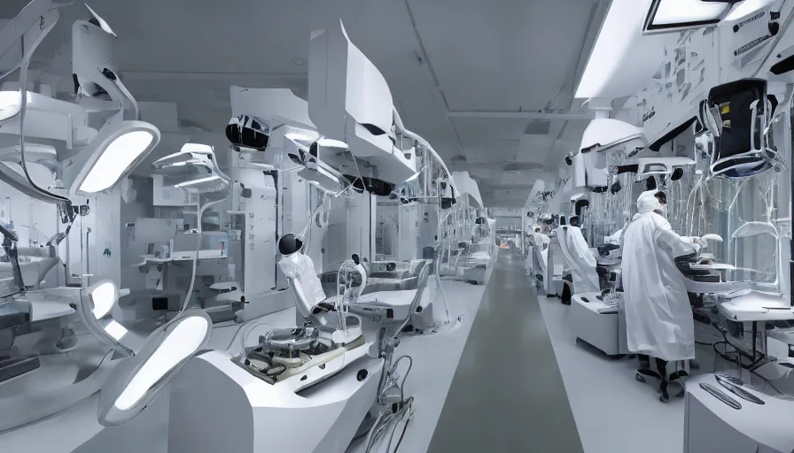 Image similar to ai machines experiment with human surgeries, future, laboratory in the year 2 1 2 1, shiny glossy white machines 8 k /