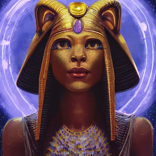 Image similar to highly detailed portrait of sekhmet the egyptian goddess, intricate alien technology, stephen bliss, unreal engine, fantasy art by greg rutkowski, loish, rhads, ferdinand knab, makoto shinkai and lois van baarle, ilya kuvshinov, rossdraws, tom bagshaw, global illumination, radiant light, detailed and intricate environment