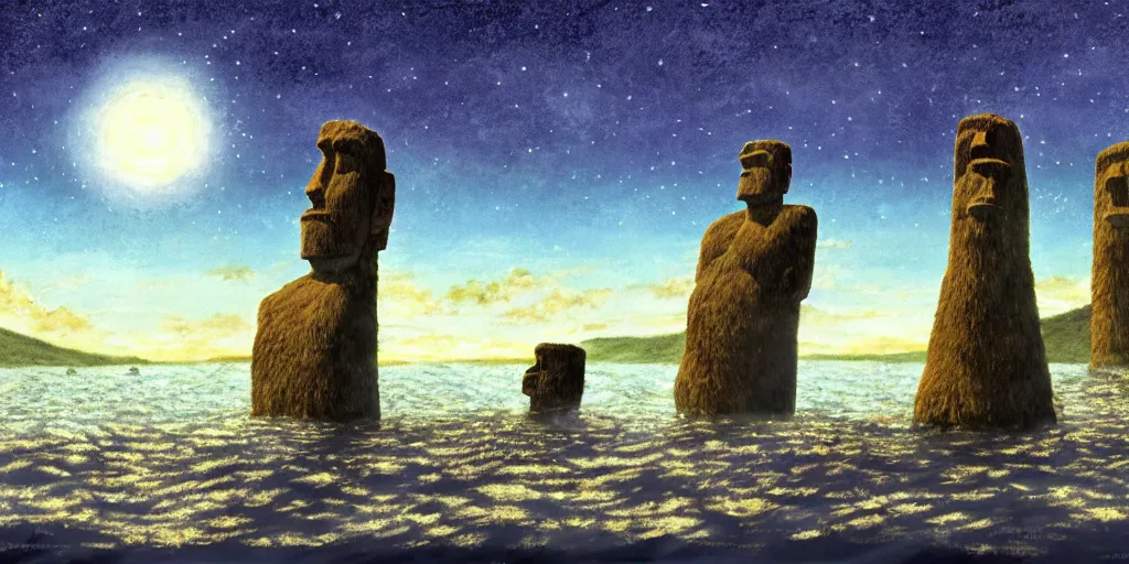 Image similar to a realistic cell - shaded studio ghibli concept art from paprika ( 2 0 0 6 ) of a giant wooly mammoth in a flooded easter island on a misty starry night. very dull colors, wide shot, hd, 4 k, hq