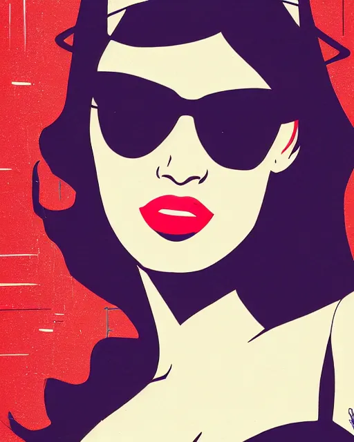 Prompt: closeup portrait of film noir angry megan fox in a bikini wearing a hat and sunglasses, china town, glamour pose, detailed illustration, digital art, trending on artstation, frank miller, arney freytag, dan mumford, patrick nagel, graffiti, gta v,