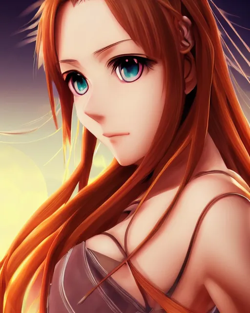 Prompt: Asuna with hazel eyes by Zeronis and Avetetsuya Studios and Mitsu Art, flowing hair, symmetrical face, anime, elegant, sunset, trending on artstation, artstationHD, artstationHQ, patreon, 4k, 8k