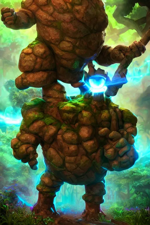 Image similar to arcane fantasy art giant golem elemental wood rock bastion forged gemstone enchanted forest troll, global illumination ray tracing hdr fanart arstation by sung choi and eric pfeiffer and gabriel garza and casper konefal lisa frank zbrush central hardmesh radiating a glowing aura