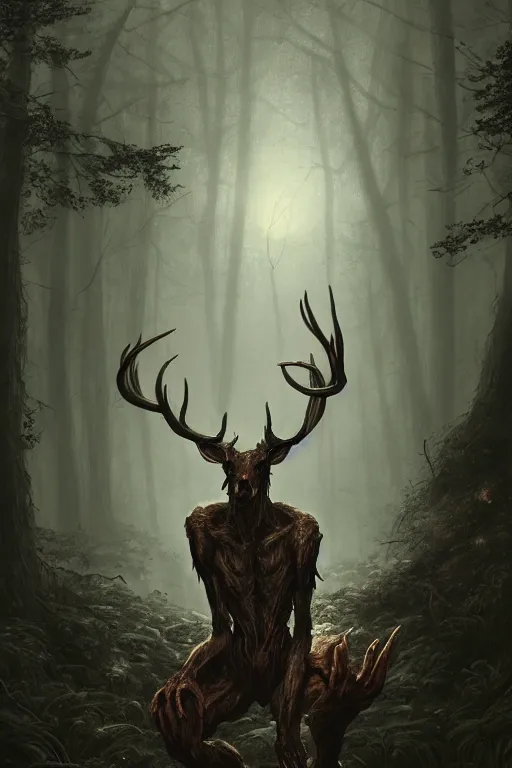 Image similar to anthropomorphic humanoid crouching deer monster in a dark moonlit forest, horror, highly detailed, crouching humanoid, human-like, whole body, by Greg Rutkowski, trending on artstation, 4k