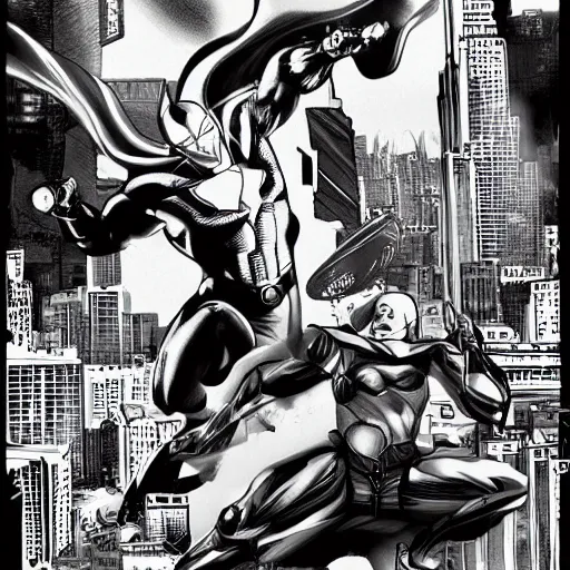 Image similar to heroes battling villains by frank Miller, artgerm, black and white, highly detailed, cityscape