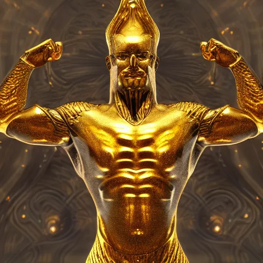 Prompt: a god with gold metallic skin, full body, swirling black abyss background, mythic, detailed, photorealistic, 8 k, ray - tracing, dark