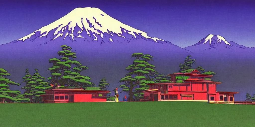 Image similar to seattle with mount rainier in the background, acid and dreaming psychedelic hallucinations, by kawase hasui, moebius and edward hopper, colorful flat surreal design, hd, 8 k, artstation