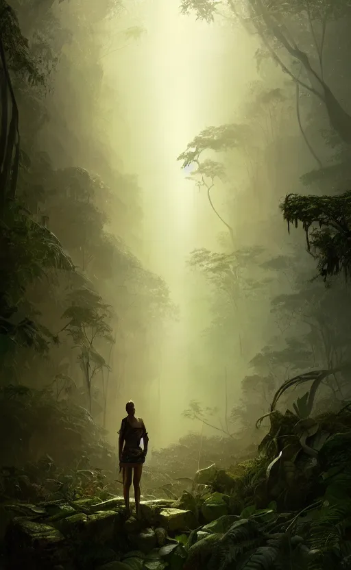 Prompt: a human researcher standing in the rainforest, post - apocalypse, cinematic lighting, by wlop and greg rutkowski, artstation