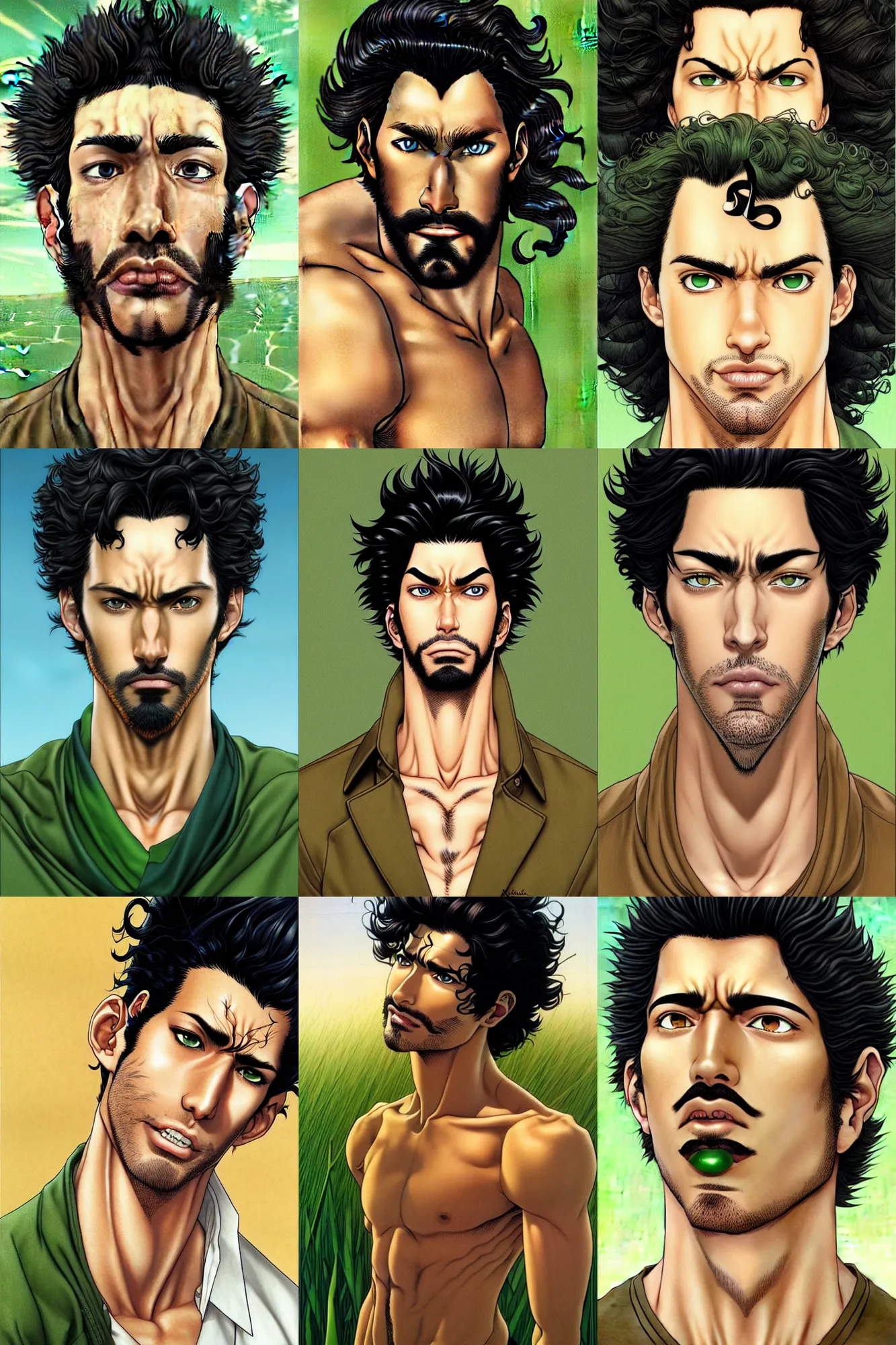 Prompt: handsome!! hyper realistic man with curly black hair, tan skin, grassy colored iris ', green eyes, anchor goatee | art by hirohiko araki & jean giraud & artgerm