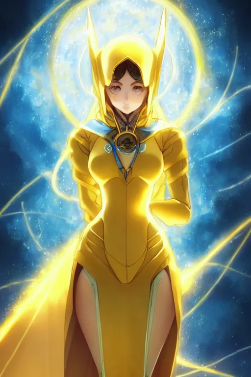 Image similar to anime key visual of a beautiful young female doctor fate!! intricate, gold and blue suit, cape, glowing, powers, dc comics, cinematic, stunning, highly detailed, digital painting, artstation, smooth, hard focus, illustration, art by artgerm and greg rutkowski and alphonse mucha