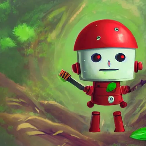 Image similar to cute little robot with tomato hat with a leaf, and sword with chive shape, made in abyss style, standing on a forest