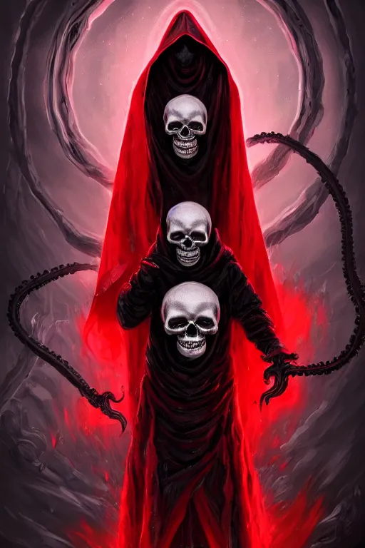 Prompt: A full body portrait of a mysterious character with a realistic skull with a very long hooded blood red and black cloak, tentacles coming out the ground art by Shaddy Safadi and Jason Chan, ominous, cosmic horror, trending on artstation, Ultra detailed, hyper realistic 4k