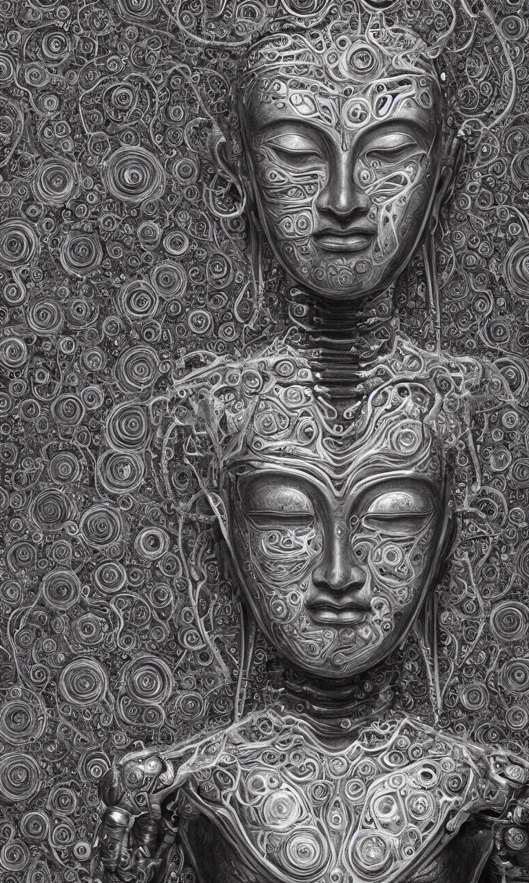 Prompt: perfectly centered portrait, front view of a beautiful biomechanical alien android robot buddha, female, curly hair, intense stare, sweet smile, symmetrical, concept art, intricate detail, volumetric shadows and lighting, realistic oil painting by alex grey and gustave dore,