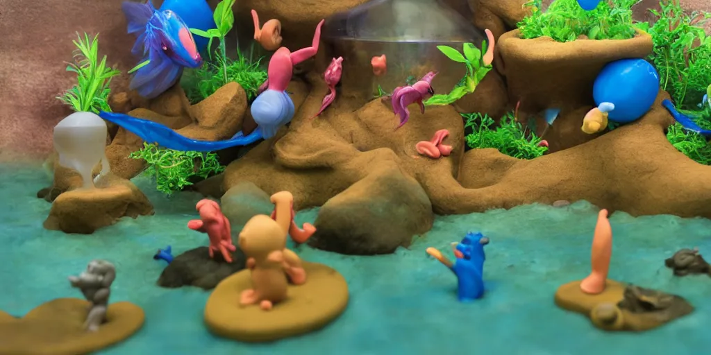 Image similar to plasticine model in water. figures clay. siamese fighting fish. clay figure. surreal. tropical fish tank with sand. strange. weird. astrix and obelisk. tintin. hands. tank. wallace and gromit. aquatic photography. photorealistic. waiting room