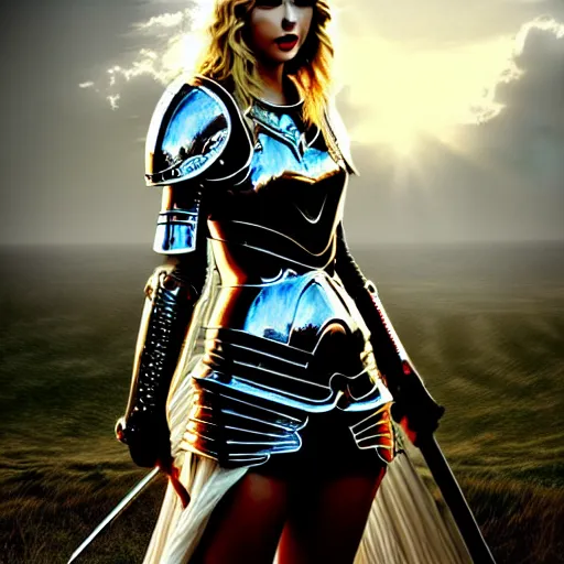 Image similar to the picture of taylor swift in a knight armor, epic fantasy art, mystical, mystic atmosphere, mythology, photo realistic, high detail, ultra realistic, hyper realistic, high definiton, 4 k uhd,