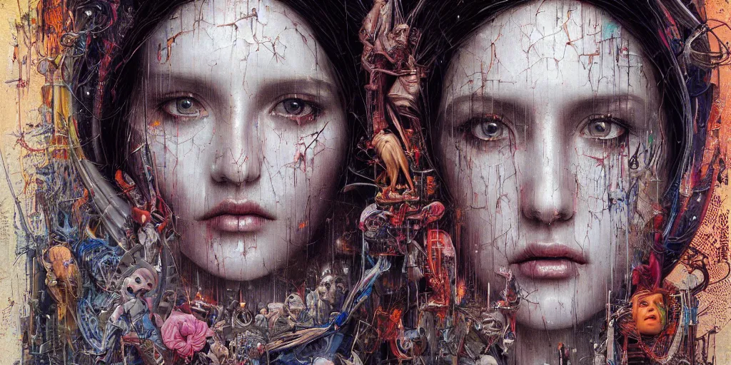 Image similar to portrait of Virgin Mary,8k,by tristan eaton,Stanley Artgermm,Tom Bagshaw,Greg Rutkowski,Carne Griffiths, Ayami Kojima, Beksinski, Giger,trending on DeviantArt,face enhance,hyper detailed,minimalist,cybernetic, android, blade runner,full of colour, super detailed