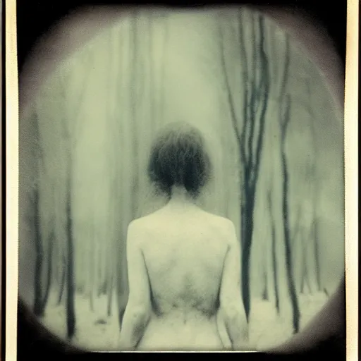 Prompt: an ancient evil-girl on a mysterious fractal forest devouring the human souls, mist, 1910 polaroid photography, grainy film, Black and white