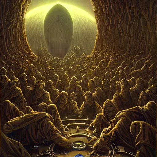 Prompt: a dark cabal of hooded elven mystics gathered in a circular formation around highly advanced alien computer technology processing the souls of the dead, dan seagrave art, michael whelan