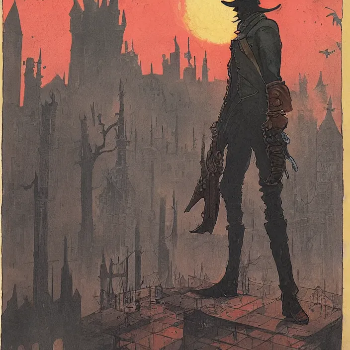 Image similar to hunter from bloodborne in yharnam, style by retrofuturism, faded red and yelow, by malcolm smith, old comics in city, nicholas roerich, katinka reinke