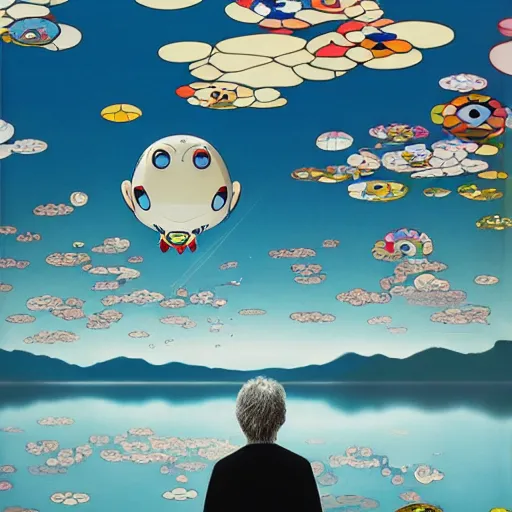 Image similar to a man walking on clouds away from the camera above a lake by takashi murakami, beeple and james jean, aya takano color style, 4 k, super detailed, modern, 4 k, symmetrical