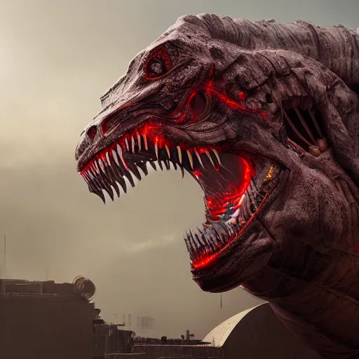 Prompt: giant cyborg t-rex with red eyes, photorealistic, detailed, realism, studio lighting, mist, dramatic, octane render, award winning render, unreal engine, octane render
