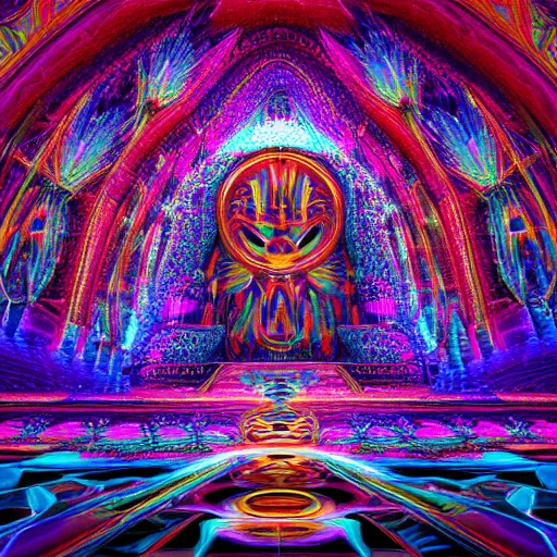 Prompt: Psychedelic crystalline cathedral altar Visionary Sacred Holy Detailed Ben Ridgway art style 8K Detail Colorful Awesome VRay Unreal Engine 5 Substance Designer Octane Render LightWave 3D 3Delight 3D shading 3ds Max