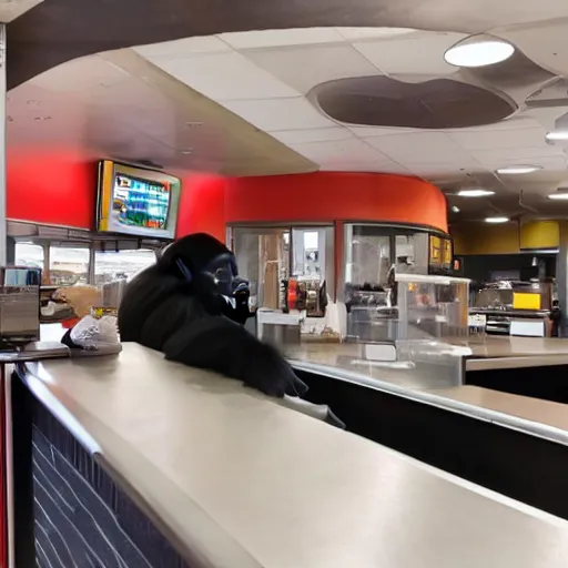 Prompt: high quality photo of a big gorilla working at a fast food restaurant