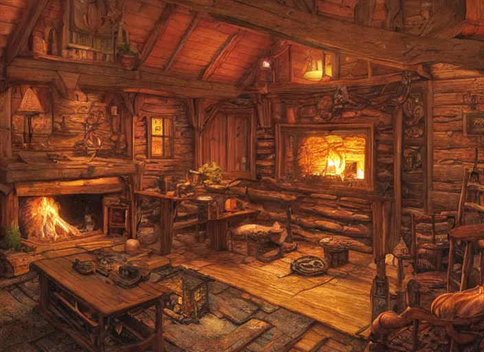 Image similar to the living room of a cozy wooden house with a fireplace, at night, interior design, d & d concept art, d & d wallpaper, warm, digital art. art by james gurney and larry elmore.