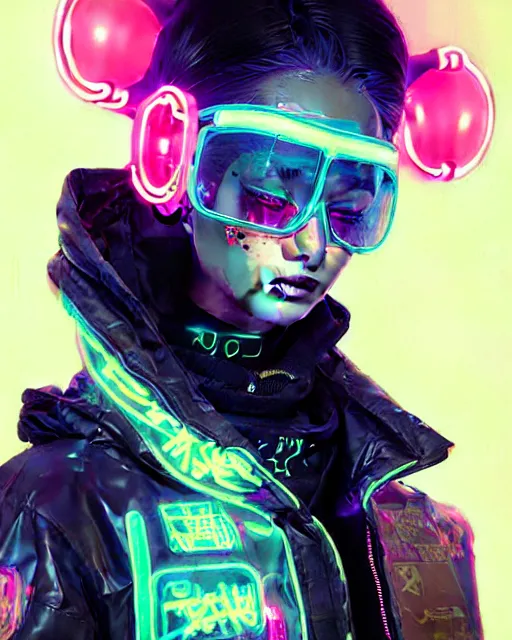 Image similar to detailed portrait Neon Operator Girl cyberpunk futuristic neon Reflective puffy coat, decorated with traditional japanese ornaments by ismail inceoglu dragan bibin hans thoma greg rutkowski Alexandros Pyromallis Nekro Rene Margitte illustrated Perfect face, fine details, realistic shaded, fine-face, pretty face