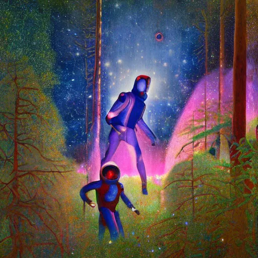 Prompt: psychedelic lush pine forest, space man, astronaut, outer space, milky way, designed by arnold bocklin, jules bastien - lepage, tarsila do amaral, wayne barlowe and gustave baumann, cheval michael, trending on artstation, star, sharp focus, colorful refracted sparkles and lines, soft light, 8 k 4 k