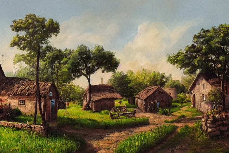 Image similar to painting of a wide shot of a rural countryside village in the style of carl valente