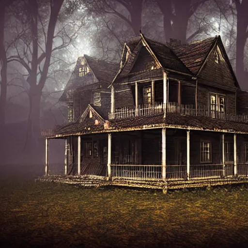 Image similar to village horror house in forest darkness dark render fog highly detailed