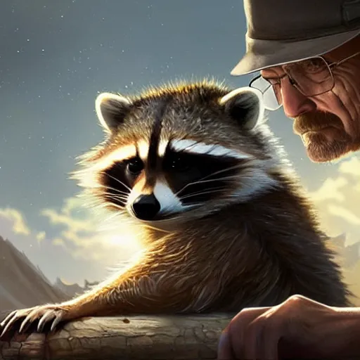 Prompt: a raccoon and walter white, intricate, highly detailed, digital painting, artstation, concept art, smooth, sharp focus, illustration, unreal engine 5, 8 k, art by artgerm and greg rutkowski and alphonse mucha