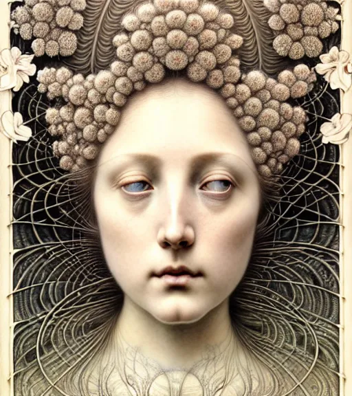 Prompt: beautiful young flower queen detailed realistic porcelain face portrait by jean delville, gustave dore, iris van herpen and marco mazzoni, art forms of nature by ernst haeckel, art nouveau, symbolist, visionary, gothic, neo - gothic, pre - raphaelite, fractal lace, intricate alien botanicals, biodiversity, surreality, hyperdetailed ultrasharp octane render