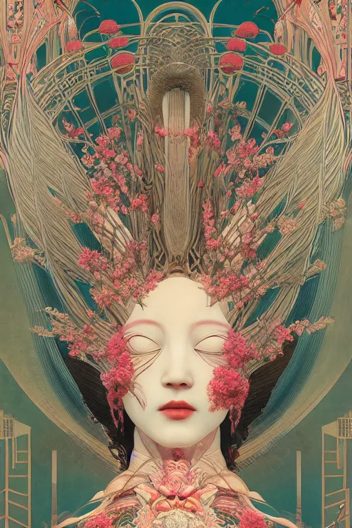 Prompt: portrait breathtaking detailed concept art painting art deco pattern of birds goddesses amalmation flowers head thibetan temple, by hsiao ron cheng, tetsuya ichida, bizarre compositions, tsutomu nihei, exquisite detail, extremely moody lighting, 8 k, art nouveau, old chines painting, art nouveau