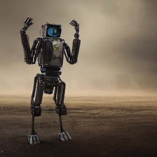 Prompt: A rundown large humanoid robot, full body, uncaring, bleak tone, post apocalyptic, Nuttavut Baiphowongse, Mark Armstron, amad, rendered by octane, 8k, ultra 8k, hyper realistic, photorealistic, photo