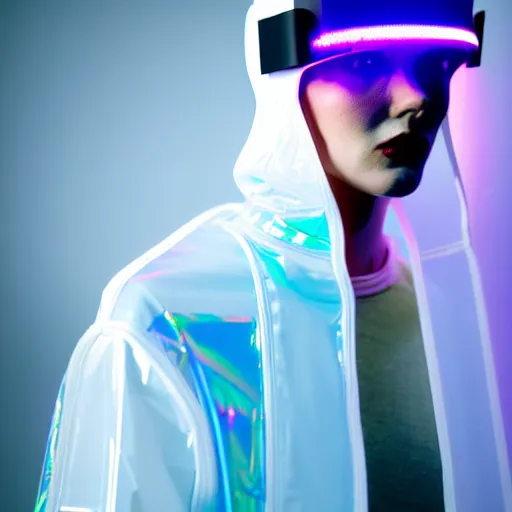Image similar to an ultra high definition professional studio quality photograph of an artificial celebrity cyberpunk pop star wearing a transparent iridescent perspex pastel coloured face visor and matching raincoat on white coat hook in an icelandic black rock environment. dramatic lighting. volumetric shadows. light rays