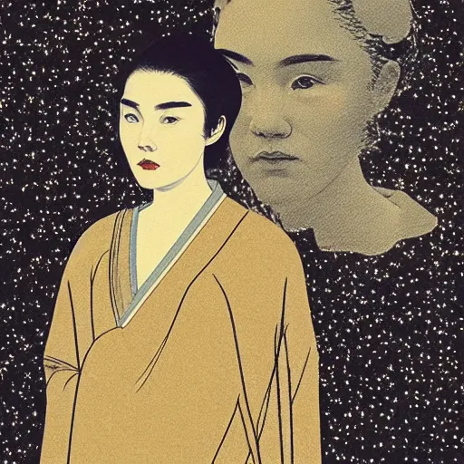 Image similar to “ florence pugh portrait by ikenaga yasunari and ayana otake and ko rakusui, 6 0 s poster, drawing, realistic, sharp focus, japanese, dreamy, nostalgia, faded, golden hues, floral clothes ”