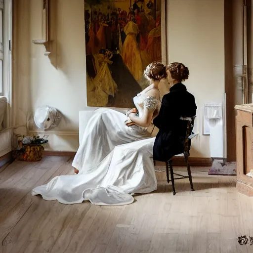 Prompt: two young edwardian women getting married in a beautiful swedish church, in the style of anders zorn