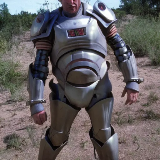 Image similar to Saul Goodman in Starship Troopers armor fighting bugs on Klendathu