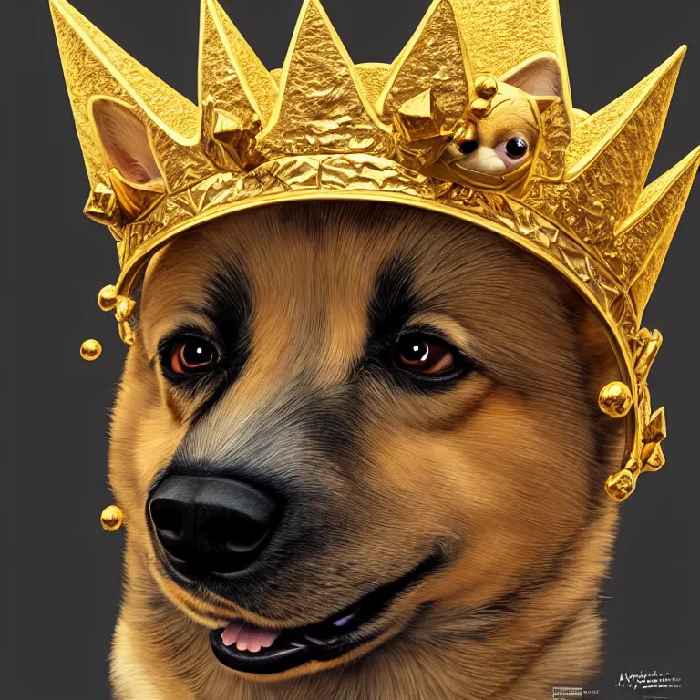 Prompt: highly detailed illustration of a portrait of a derpy corgi wearing a glinting golden crown, artstation, cinematic lighting, hyperdetailed, cgsociety, 8k, high resolution, art by artgerm, insanely detailed and intricate