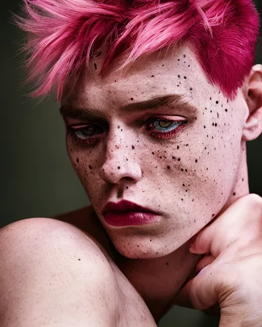 Image similar to !dream Portrait of an androgynous man, close-up, high sharpness, zeiss lens, fashion photo shoot, flowers, pink hair, freckles, Red lipstick, on metal background, Annie Leibovitz and Steve McCurry, David Lazar, Jimmy Nelsson, artistic, hyper-realistic, beautiful face, octane rendering