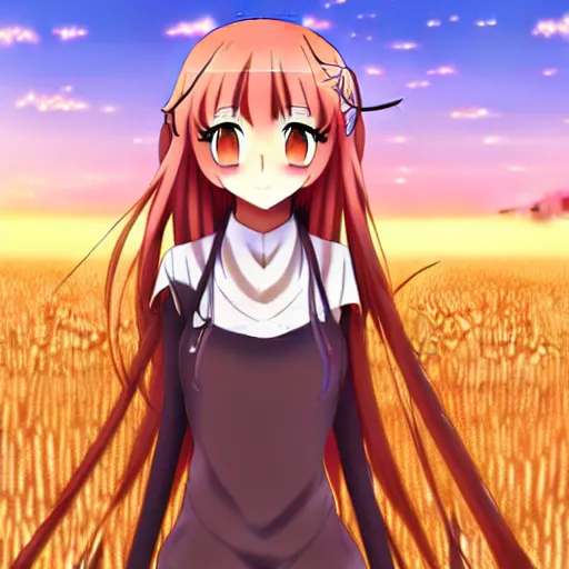 Image similar to anime illustration of Holo from Spice and Wolf standing in a wheat field at sunset, Holo is a wolf girl, high detail, trending on pixiv