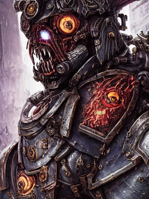 Image similar to portrait art of 8k ultra realistic undead corrupted space marine, eyes on fire , detailed intricate ornate armour,decaying, cybernetic, full of colour, cinematic lighting, battered, trending on artstation, 4k, hyperrealistic, focused, extreme details,unreal engine 5, cinematic, masterpiece, art by ayami kojima, giger