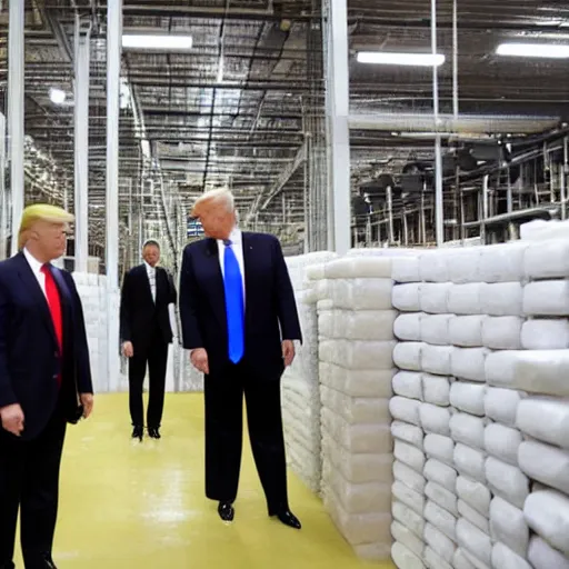 Image similar to donald trump inspecting quality of soap in a soap factory