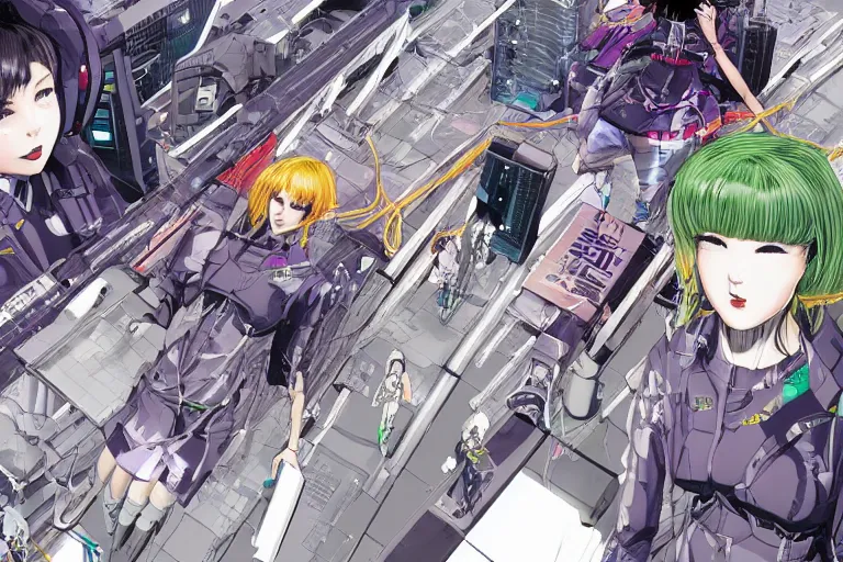 Image similar to a cyberpunk illustration of a group of four super-coherent female androids dressed in seifuku in style of masamune shirow, lying scattered across an empty, white floor with their bodies rotated in different poses and cables and wires coming out, by yukito kishiro and katsuhiro otomo, hyper-detailed, intricate, view from above, colorful