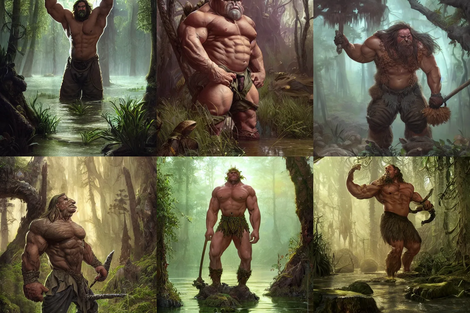 Prompt: a muscular clothed troll, groundskeeper, surrounded by swamp animals, D&D, fantasy, intricate, cinematic lighting, highly detailed, digital painting, artstation, concept art, smooth, sharp focus, illustration, art by Artgerm and Greg Rutkowski and Alphonse Mucha