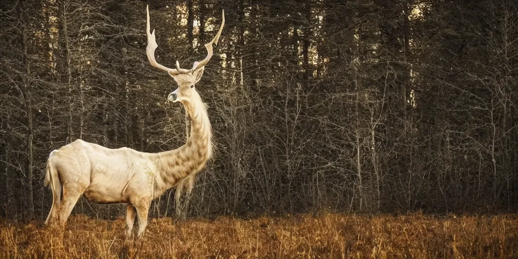 Prompt: a long haired albino elk with a long neck like a giraffe walks thru an enchanted forest, majestic!!! beautiful!!!, ethereal!!!, loving, ultra realistic, winter, golden hour, volumetric lighting, sharp focus