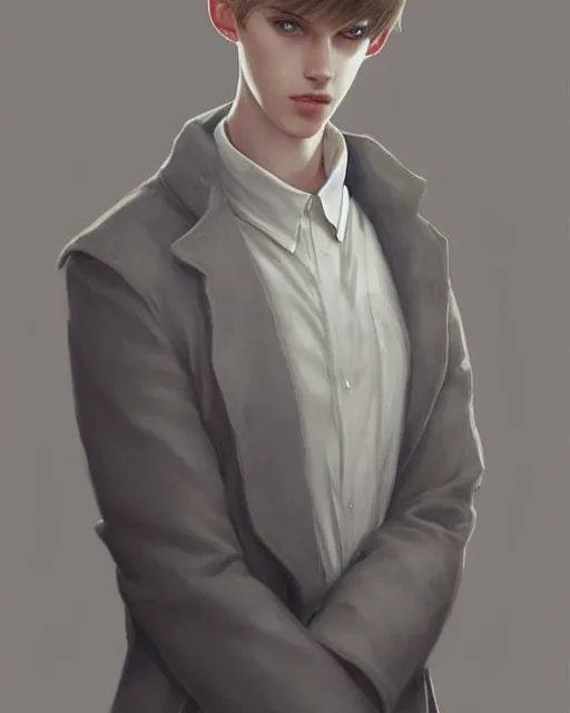 Image similar to portrait of 1 5 - year - old boy, a tall, slender boy with a pale, pointed face, sleek blond hair, and ice grey eyes, cold grey eyes, highly detailed, digital painting, artstation, concept art, smooth, sharp focus, illustration, art by artgerm and greg rutkowski and alphonse mucha