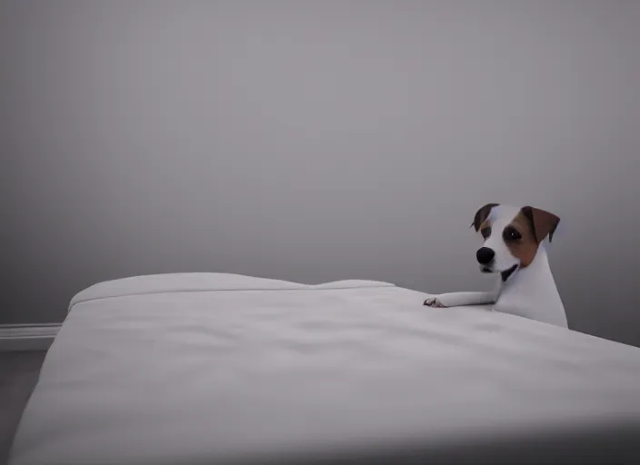 Image similar to photography of a Jack Russel watching outside the window on a bed in a 3d rendered white room, octane render, 3d, foggy, volumetric light, volumetric fog, photorealistic, unreal engine 5, award winning photo, 100mm, sharp, cloth, high res