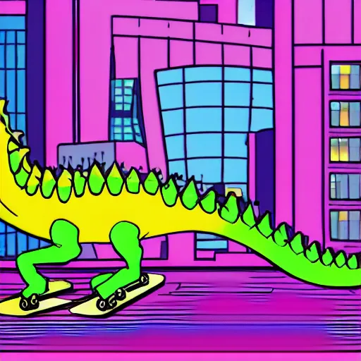 Prompt: a yellow dinosaur on a skateboard chasing a pink cat in a futuristic city, in the style of cyberpunk